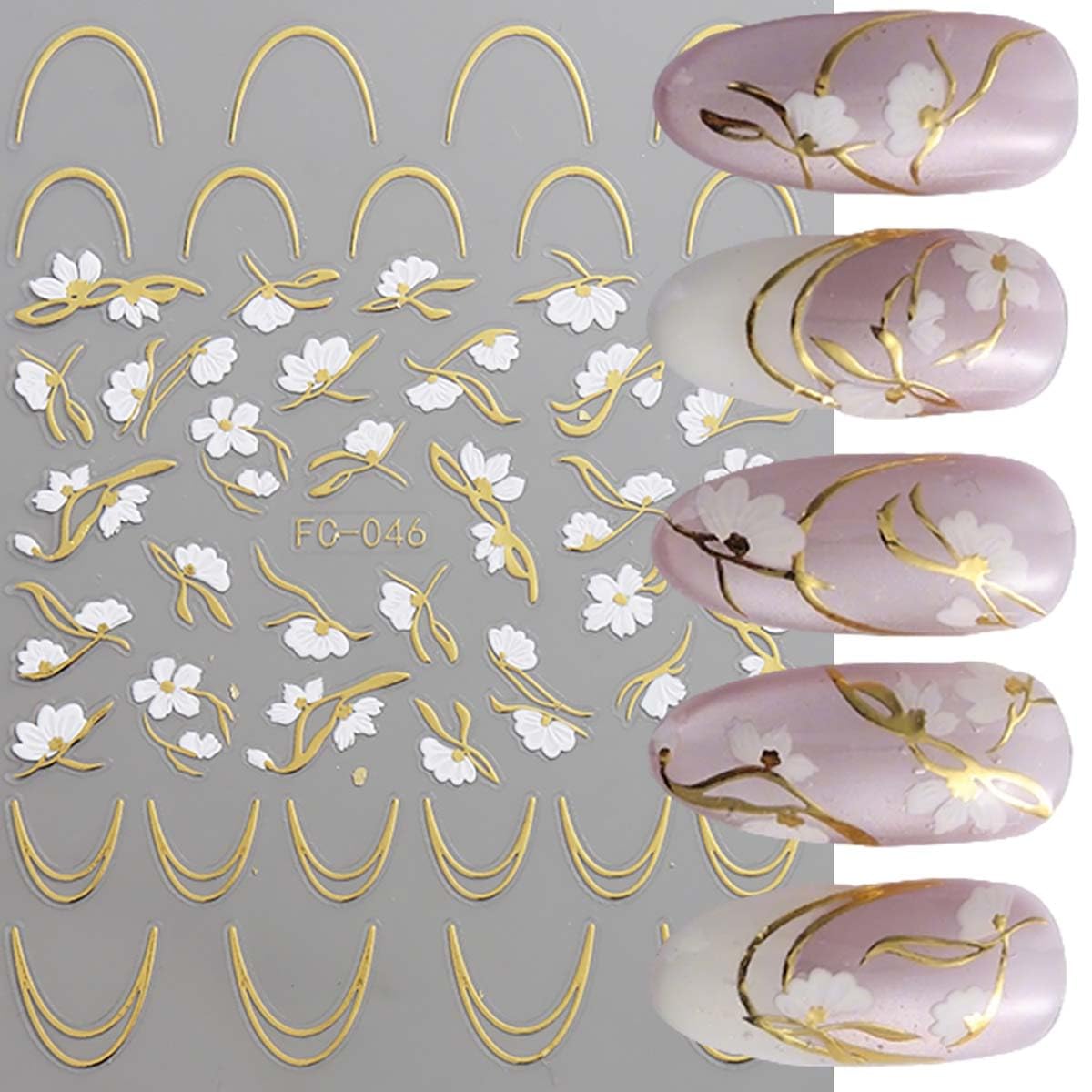 6 Sheets Flower Nail Stickers with Gold Silver Glitter Line Design Nail Decals 3D Self-Adhesive White Floral Nail Art Stickers Spring Summer Nail Decoration for Women DIY Manicure Supplies
