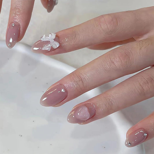 SINHOT Heart Press on Nails Medium Square Fake Nails Glossy Glue on Nails 3D Butterfly Squoval Rhinestones Acrylic Nail Valentines Day Stick on False Nail with Design 24 pcs