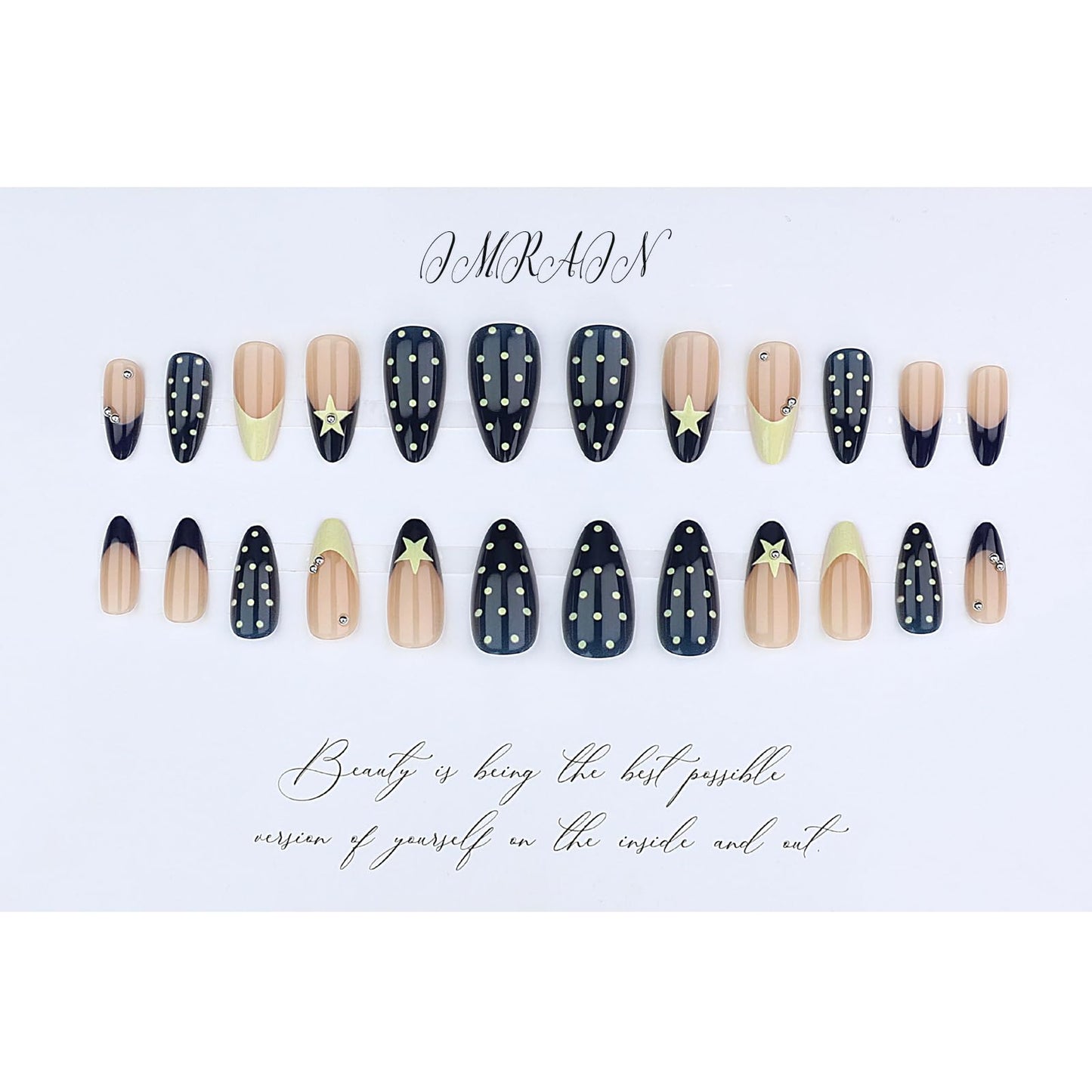 IMRAIN Polka Dot Press on Nails Medium Almond Fake Nails Glossy Blue Yellow Glue on Nails Cute French Nail Tips Acrylic Gel False Nails for Women Girls