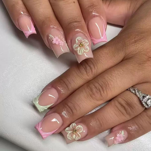CTTHNBD Square Press on Nails - Medium Fake Nails with Flower Design - Green, Pink French Tip False Nails Press ons - for Women 24 Pcs