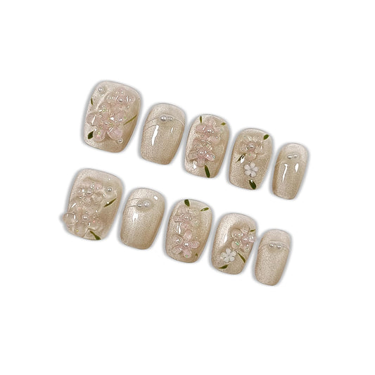 Hantyer Press on Nails | Short Coffin Fake Nails with Cat Eye Design, 3D Floral & Pearl Accents, False Nails with Icy Tea Glossy Finish, Reusable Handmade Nails in Sweet Style for Women(Size M)