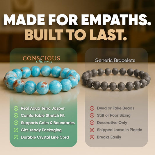 Conscious Items Empath’s Shield Gemstone Bracelet, Aqua Terra Jasper Crystal Bracelet for Calm, Boundaries & Balance, Natural Jasper Stone Beaded Bracelets for Caregivers & Empaths
