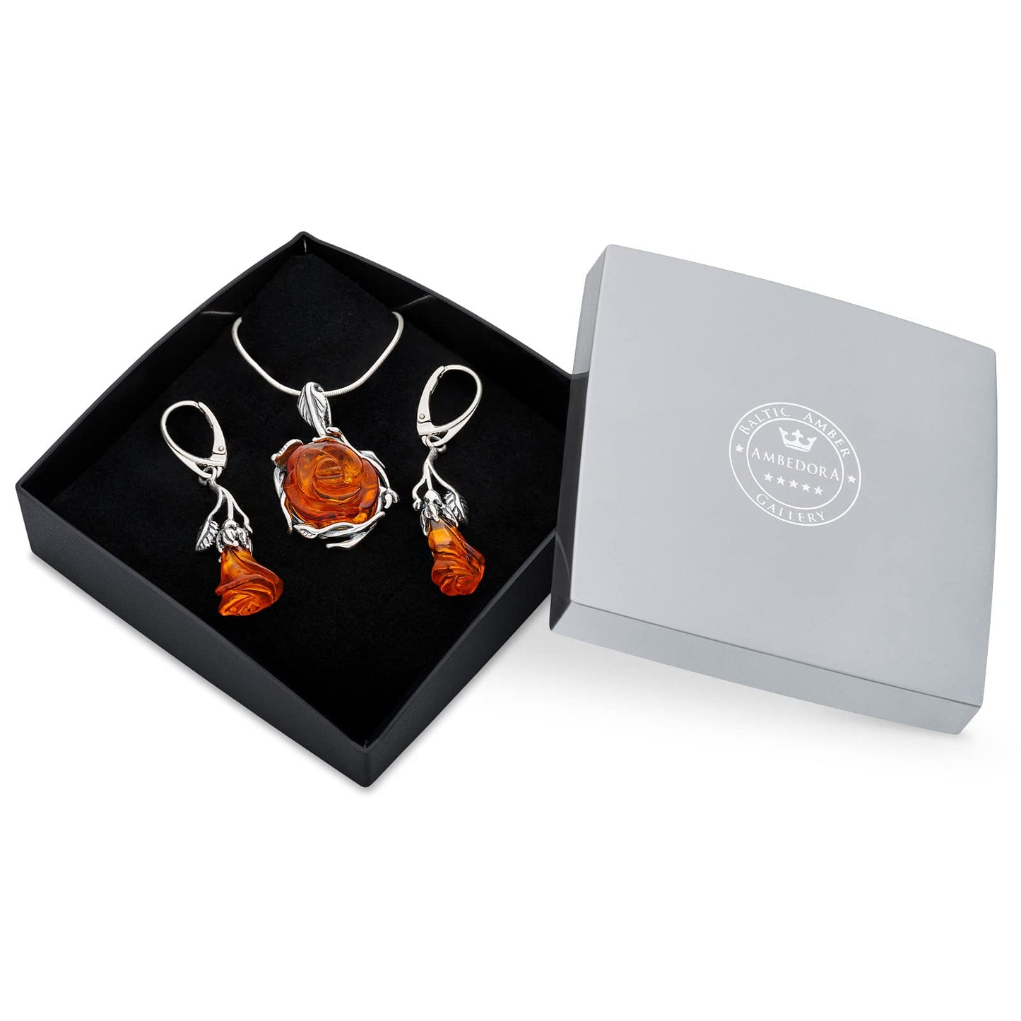 AMBEDORA Women's Jewellery Set Amber 060B, Oxidised Sterling Silver, Hand Carved Amber Roses in Cognac Colour, Silver Pendant on Chain and Earrings