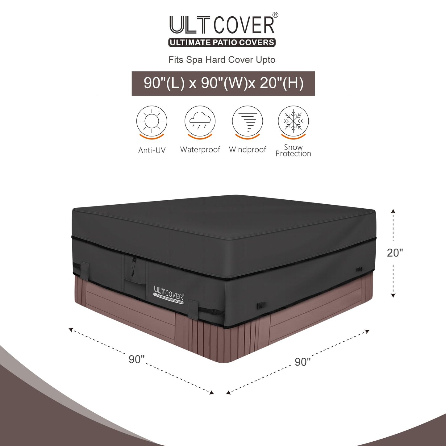 ULTCOVER Waterproof 600D Polyester Square Hot Tub Cover Outdoor SPA Covers 90 x 90 inch, Black