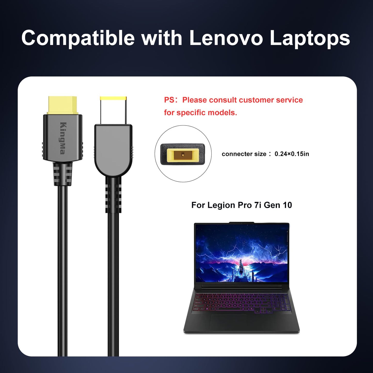 King Ma GaN Portable Laptop Charger Compatible with Legion Pro 7i Gen 10,3 Ports Fast Charging,with a Power Cable with a 11-45 mm Charging Port(20V/20A Output), for Gaming and Engineering Laptops.