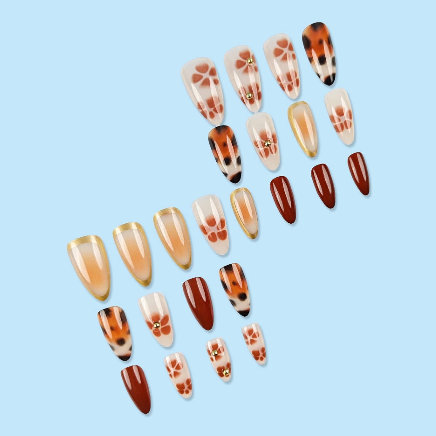 Medium Almond Press On Nails Brown Fake Nails Leopard Print With Flower Gradient Design Fall False Nails Reusable Glue On Nai Acrylic Stick On Nail For Women Girls DIY Manicure 24pcs