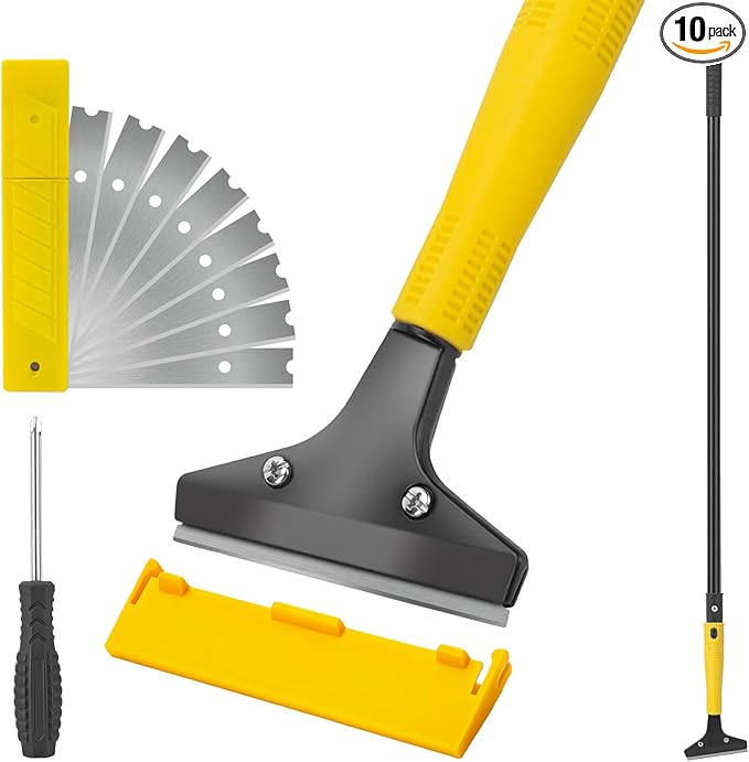 KeFanta Scraper Tool, 4" Wide Heavy Duty Floor Scraper with 45.7" Long Handle, Razor Blade Scraper for Cleaning Windows Glass Shower Gum Tile Scraper Ceiling Scraper, 10PCS Extra Metal Blades