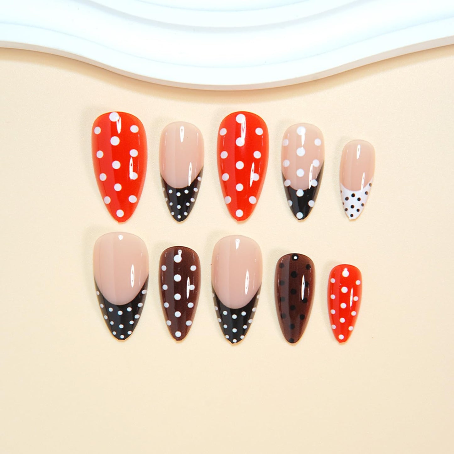 IMSOHOT Polka Dot Press on Nails Almond Medium Fake Nails Red Black French Tip False Nails Full Cover Y2K DIY Artificial Glossy Glue on Nails for Women Girls 24Pcs