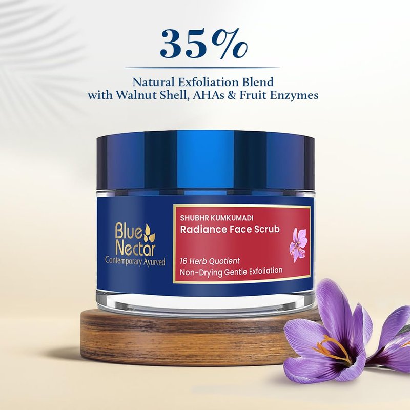 Blue Nectar Saffron Face Scrub for Glowing Skin by Exfoliating Face Scrub | Gentle Ayurvedic Kumkumadi Oil Tan Remover for Refreshing Sun-exposed Skin (16 Herbs, 1.7 Oz)