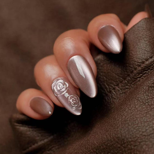 XZMeiLun Brown Cat Eye Press On Nails Medium Almond – 3D Flower Acrylic Fake Nails, Opaque Glitter & Chrome Gel Design, Reusable with Glue-On Stick for Fall, Long-Lasting Fall Nails for Women