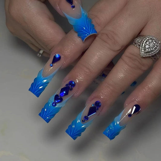 CTTHNBD Blue Press On Long Square French Tip Ombre Acrylic Rhinestone Full Cover Stick On Nails - 24 Pcs