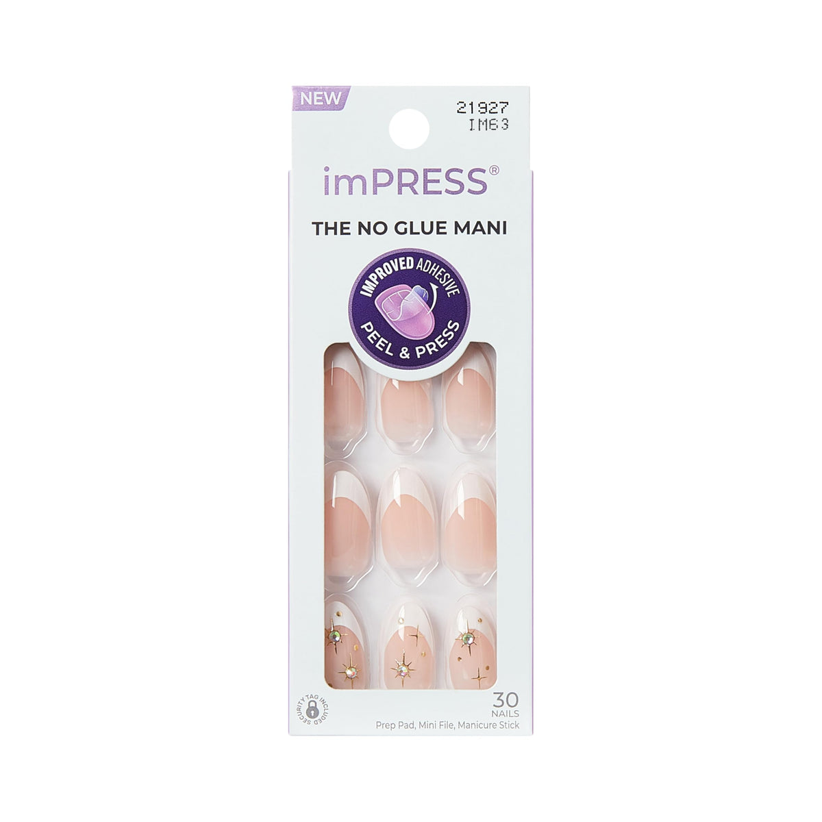 Kiss Impress No Glue Mani Press On Nails, Design, 'Star player', White, Medium Size, Almond Shape, Includes 30 Nails, Prep Pad, Instructions Sheet, 1 Manicure Stick, 1 Mini File