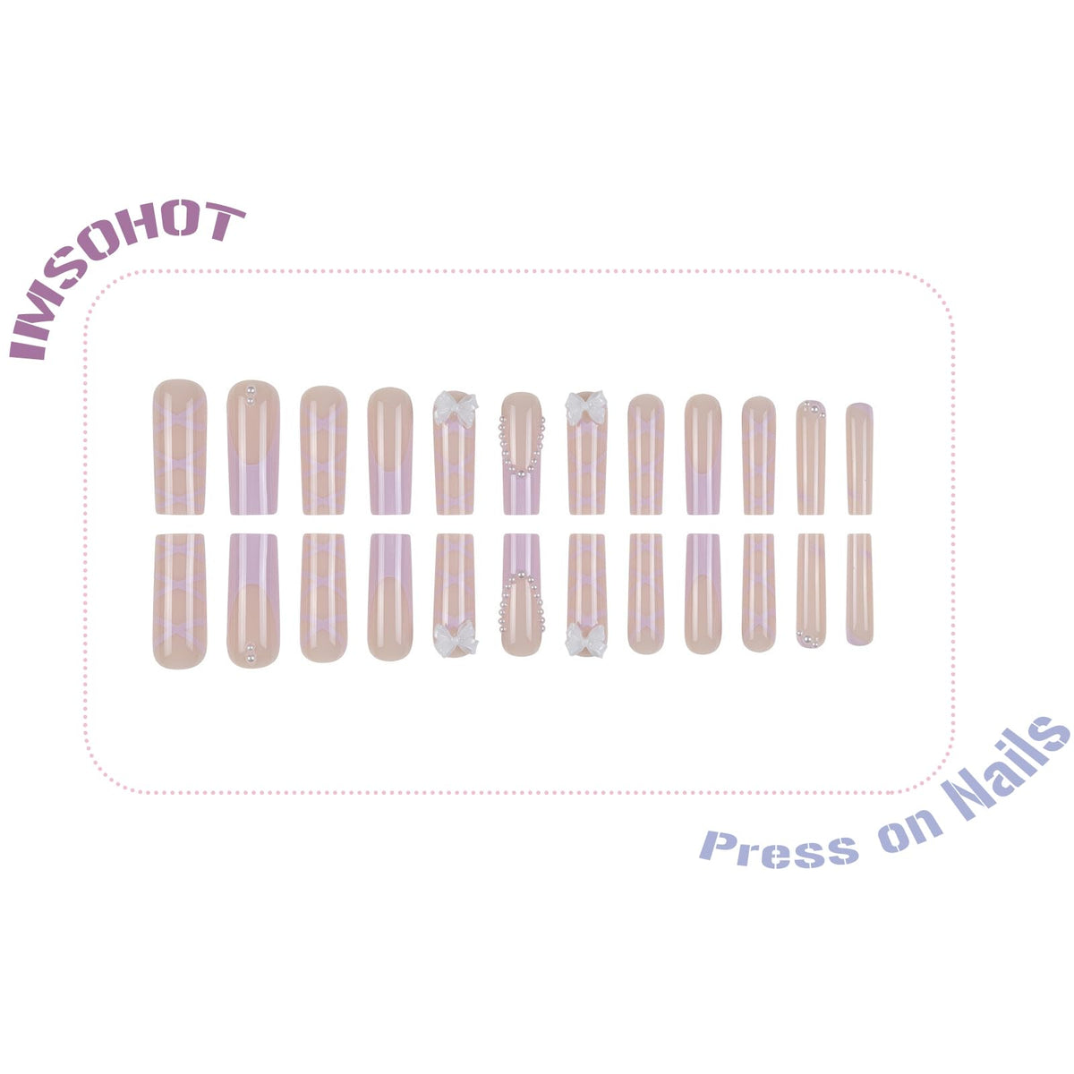 IMSOHOT Purple Press on Nails Long Square Fake Nails French Tips Glossy Acrylic False Nails with Bow Designs Full Cover Artificial Stick on Nails for Women 24Pcs