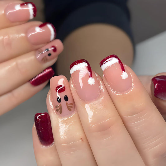 Short Square Press on Nails Christmas Fake Nails Red French Tip Santa Hat Glue on Nails with Elk Designs Acrylic Gel Nails Kit Red Artificial Nails Christmas False Nails 24Pcs for Women Nail Art