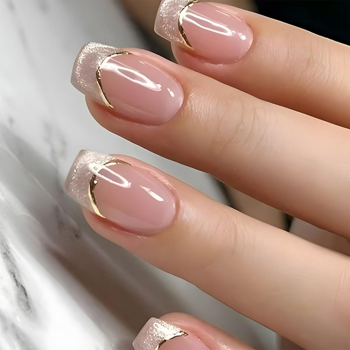 IMSOHOT Cat's Eye French Tip Press on Nails Short Square Fake Nails with Gold Edge Designs Nude Glossy Acrylic False Nails Full Cover Squoval Glue on Nails for Women Girls Manicure DIY Nail