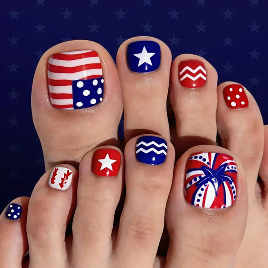 CTTHNBD Press on Toenails - 4th of July Fake Toenails with Star Line Design - Blue, Red, Independence Day Press on Toe Nails for Women - 24 Pcs