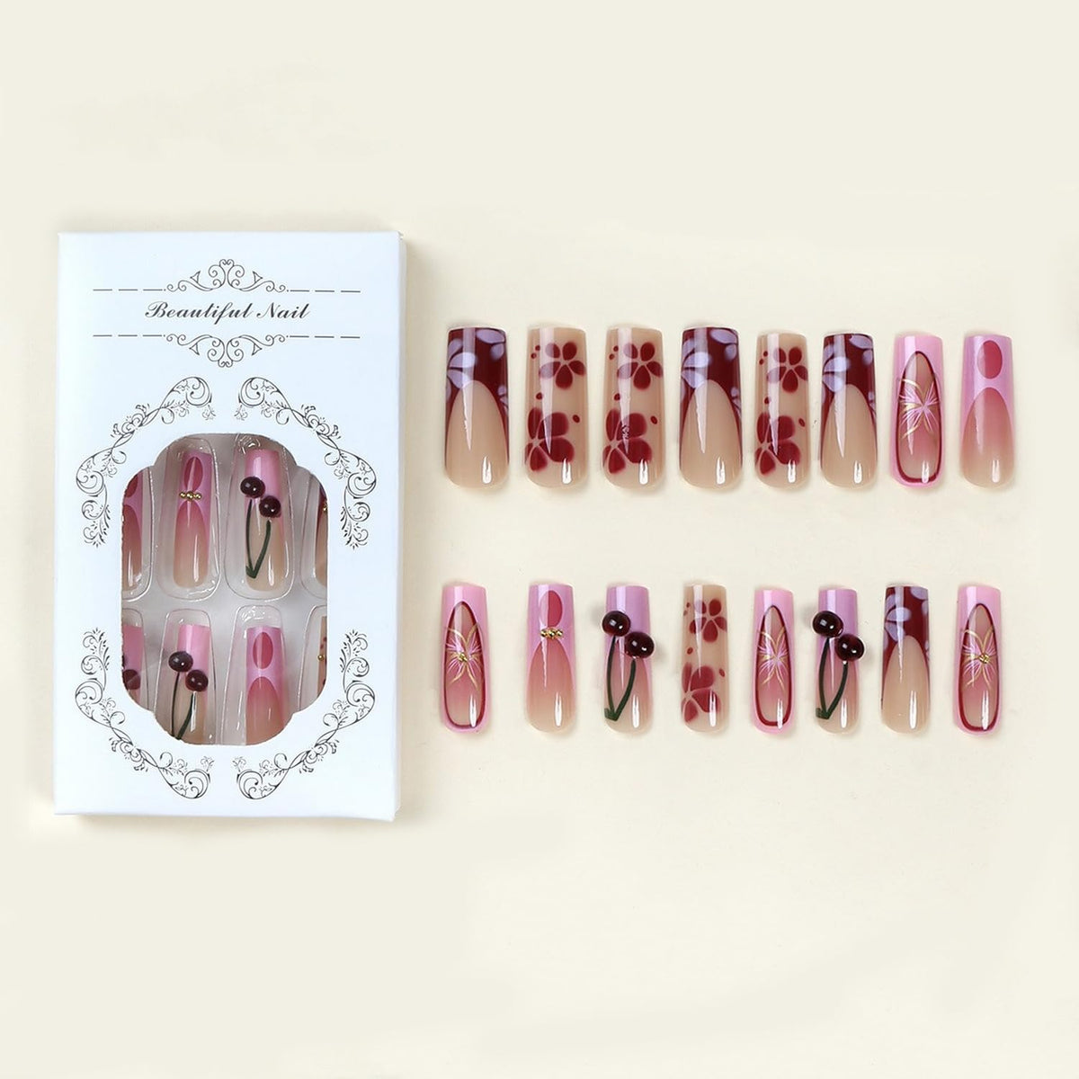 Long Square Flower Press on Nails Pink French Tip Fake Nails with Cherry and Floral Designs Handmade Press on Nails Full Cover Acrylic Nail Stick on Nail for Women DIY Manicuare 24 Pcs