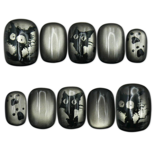 S-Size_Press-On Nails, Short Square Black and Grey with Cat Design, Subtle Office Style