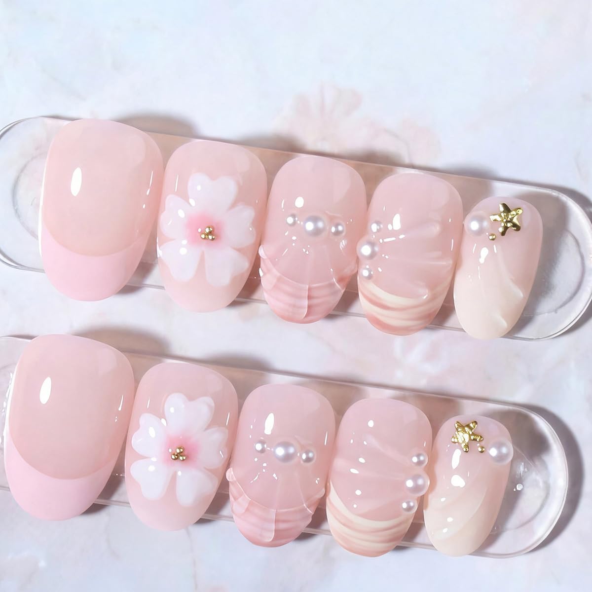 24Pcs Summer Beach Press on Nails Short Almond False Nails 3D Ocean Seashell Starfish Rhinestones Pearl Design Cute Flower Fake Nails Tropical Vacations Glue on Nail for Women Acrylic Manicure Salon