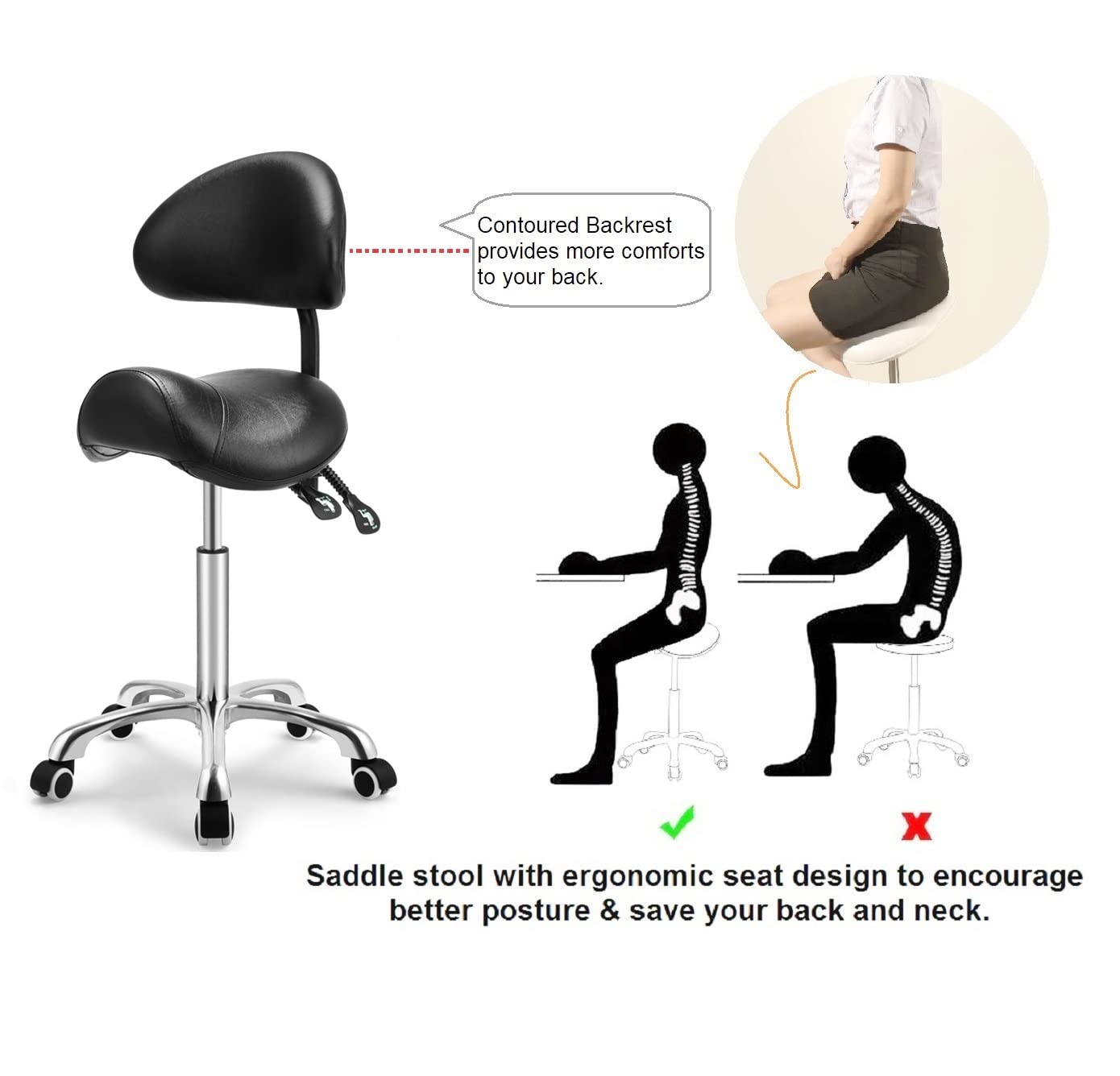 Kaleurrier Saddle Stool Rolling Swivel Height Adjustable with Wheels,Heavy Duty Anti-Fatigue Ergonomic Saddle Chair for Hair Beauty Salon Lab Dental Massage Office Home Kitchen(with Back, Black)