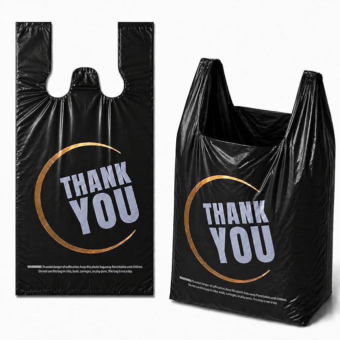 YoYoRain Black Thank you T shirt bag, Grocery shopping bag Reusable and Disposable Supermarket Bag 11''x6''x21'' 300PCS