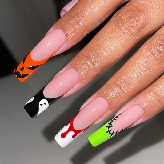 Halloween Press on Nails Long Sqaure Fake Nails French Tips Nails Press ons Pumpkin Ghost Face Acrylic Nails Wound Blood Designs False Nails Glossy Glue on Nails for Women Girls 24Pcs