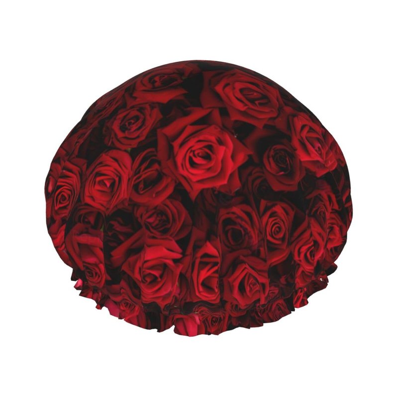 Red Rose Flowers Shower Cap For Women Reusable Waterproof Double Layers Bath Cap Hair Protection Elastic Ladies Spa Salon Shower Hat