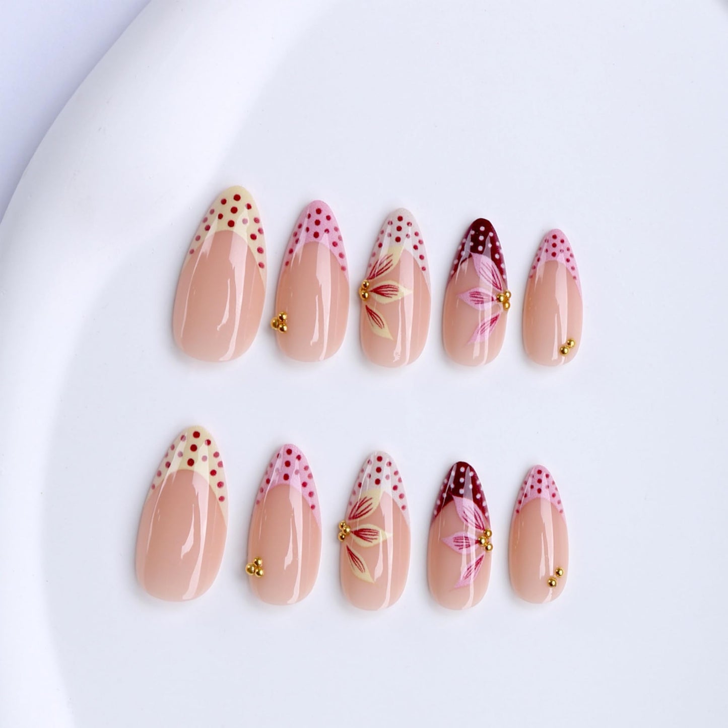octoswave Press on Nails Long Almond Fake Nails with Pink Floral and Polka Dot Designs Glossy Glue on Nails for Party and Dating French Tip False Nails 24Pcs