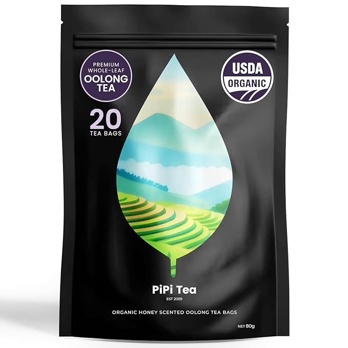 PiPi Tea Organic Oolong Tea Bags â Whole Leaf, 20 Bags (4g Each) â Cortisol & Calming Tea for Anxiety, Stress, Weight Loss â Bulk Loose Leaf Oolong Tea