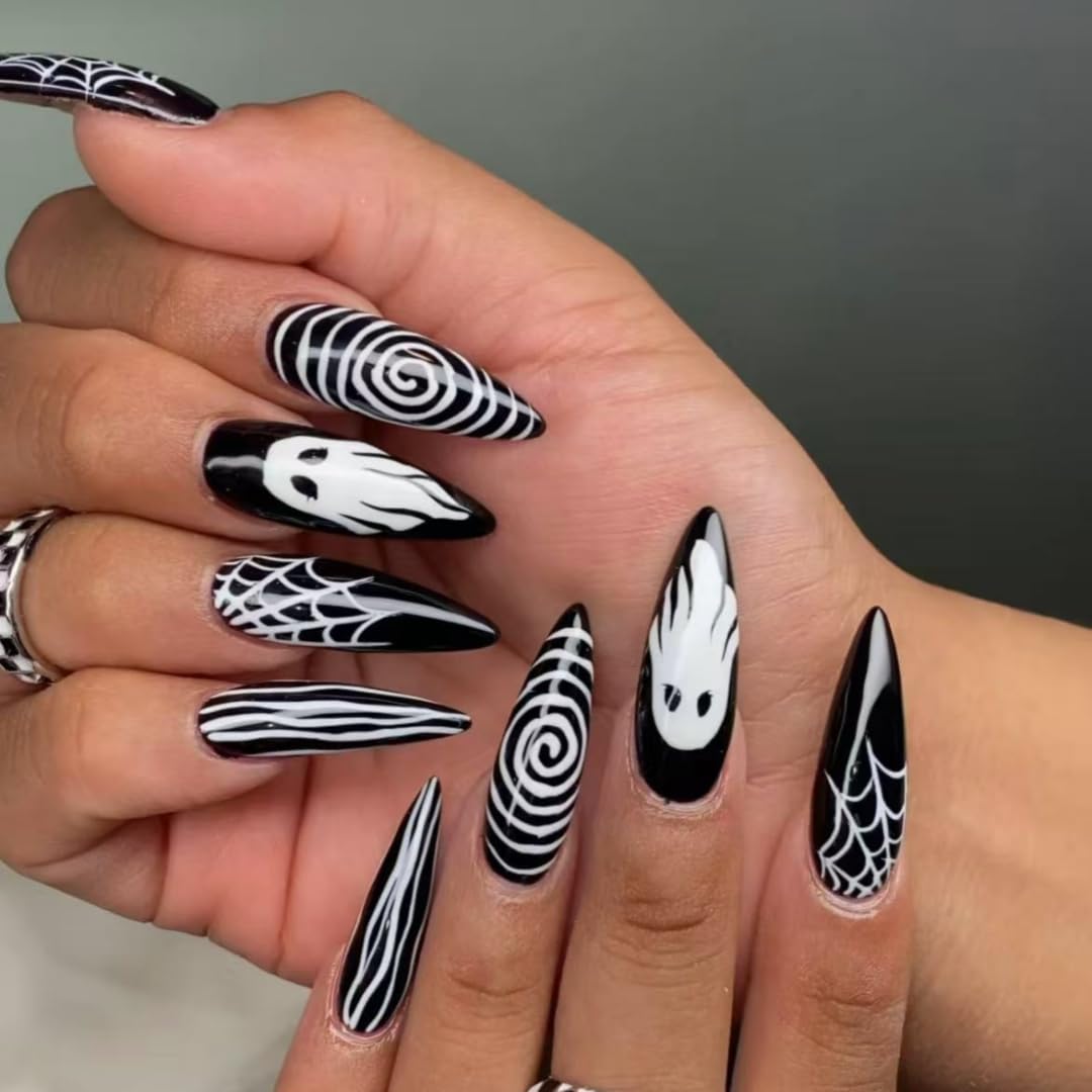 Handmade Press on Nails Halloween Horror Ghost Press on Nails Long Pointed Fake Nails Black White Stripe Spider Web Art Designs Full Cover Glue on Nails Glossy Reusable False Nails 10Pcs (MT-147-M)