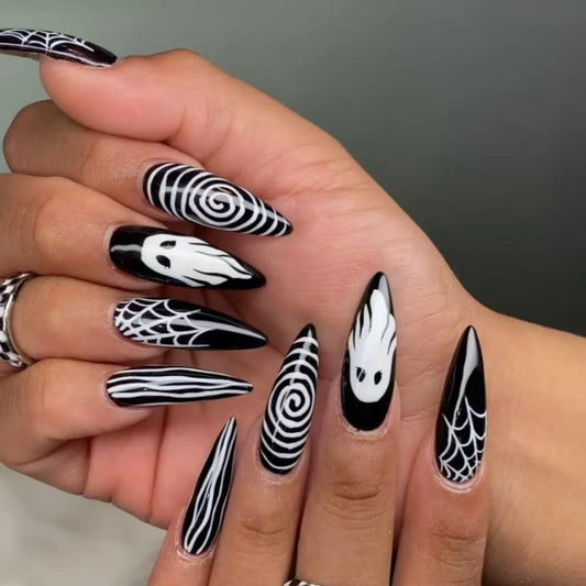 Handmade Press on Nails Halloween Horror Ghost Press on Nails Long Pointed Fake Nails Black White Stripe Spider Web Art Designs Full Cover Glue on Nails Glossy Reusable False Nails 10Pcs (MT-147-M)