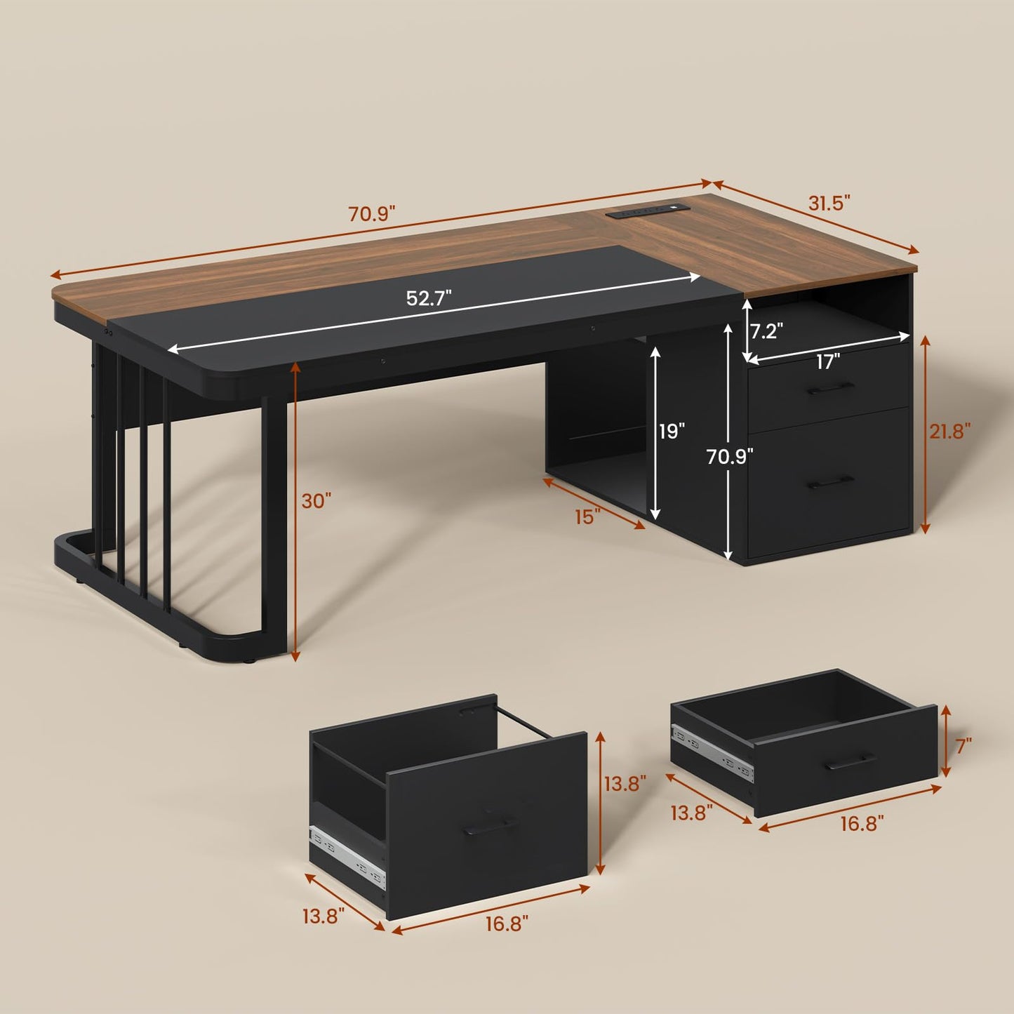 70.9" Executive Desk with Power Outlet, Large Office Desk with Drawers & Lateral File Cabinet, Long Computer Desk with Adjustable Storage Shelves, Modern Workstation Business Furniture (Walnut)