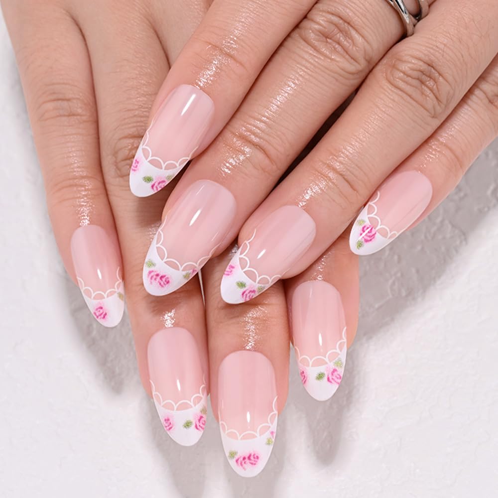 evpct Nude Pink French Press on Nails Short Almond with Spring Summer Flower Design, White French Tip Stick on Nails for Women, Reusable Full Cover Soft Press on Fake Nail Perfectly Fit with Design