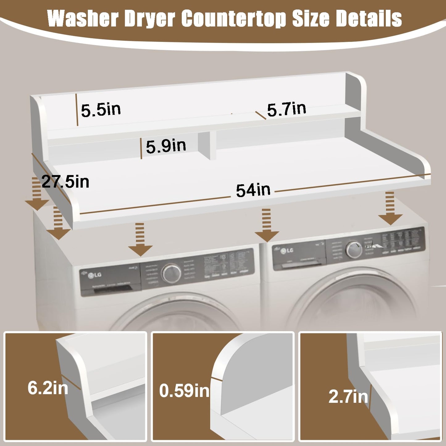 CXNGD 2-Tier Washer and Dryer Countertop, Wooden Washer Dryer Countertop, 27.5" Depth X 54" Laundry Countertop Over Washer and Dryer for Folding Clothes Over Washer and Dryer (White)