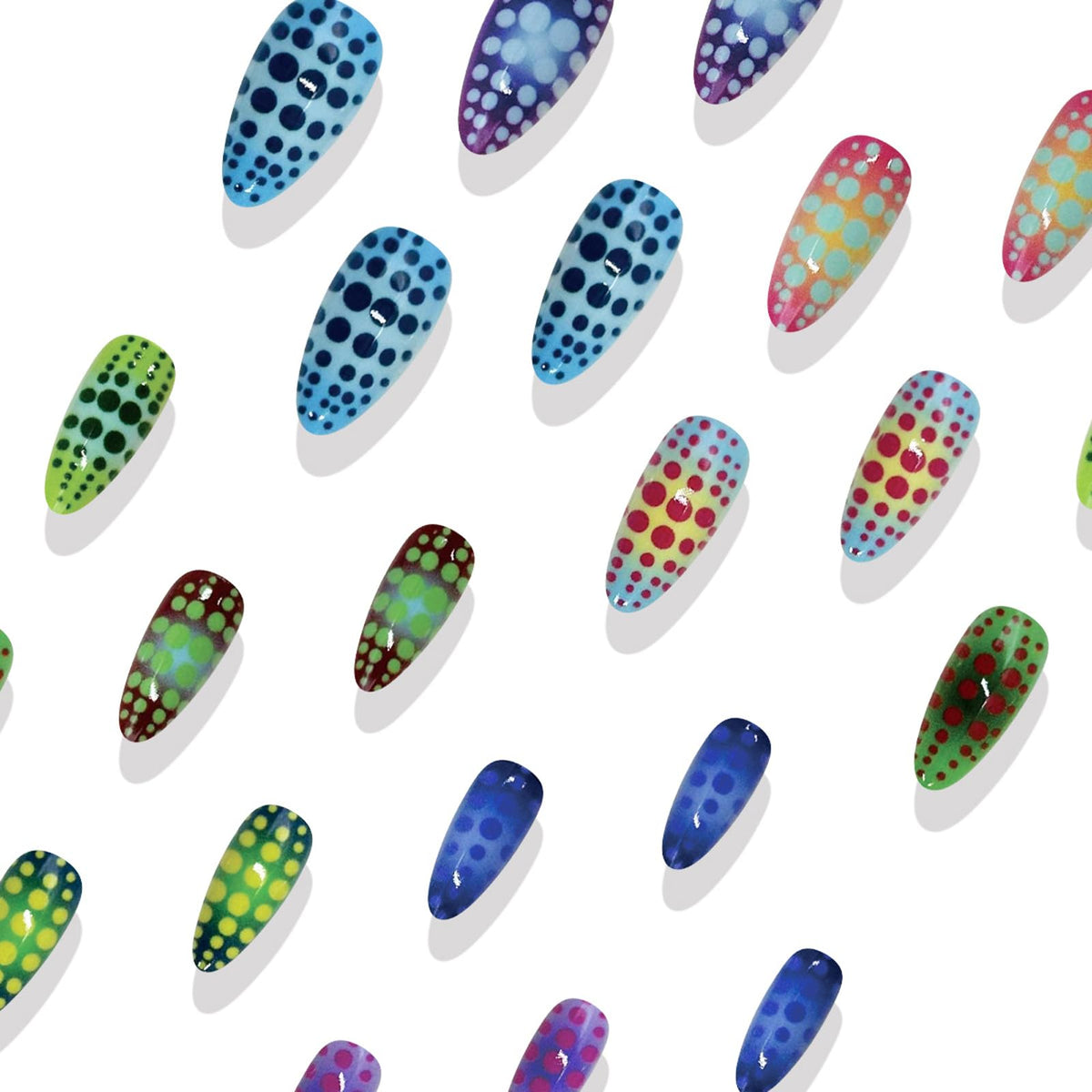 IMRAIN Medium Press on Nails Almond Fake Nails Colorful Ombre False Nails with Polka Dot Design Glossy Glue on Nails Full Cover Y2K Cute Artificial Acrylic Nail Supplies for Women