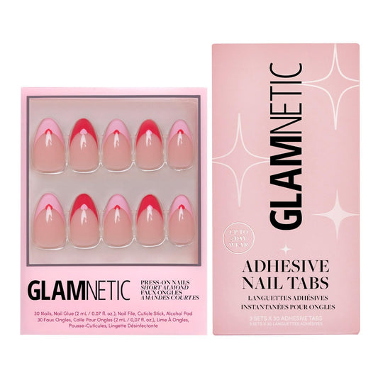 Glamnetic Press-On Nails & Adhesive Nail Tabs - Pure Hearted | Short Almond Fake Nails with Heart Accents | 15 Sizes - 30 Nail Kit with Adhesive Tabs