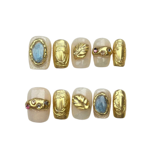 Short Square Press on Nails 3D Flower False Nails with Designs, Glitter Fake Nails Handmade Reusable Manicure Kit (Golden#Medium)
