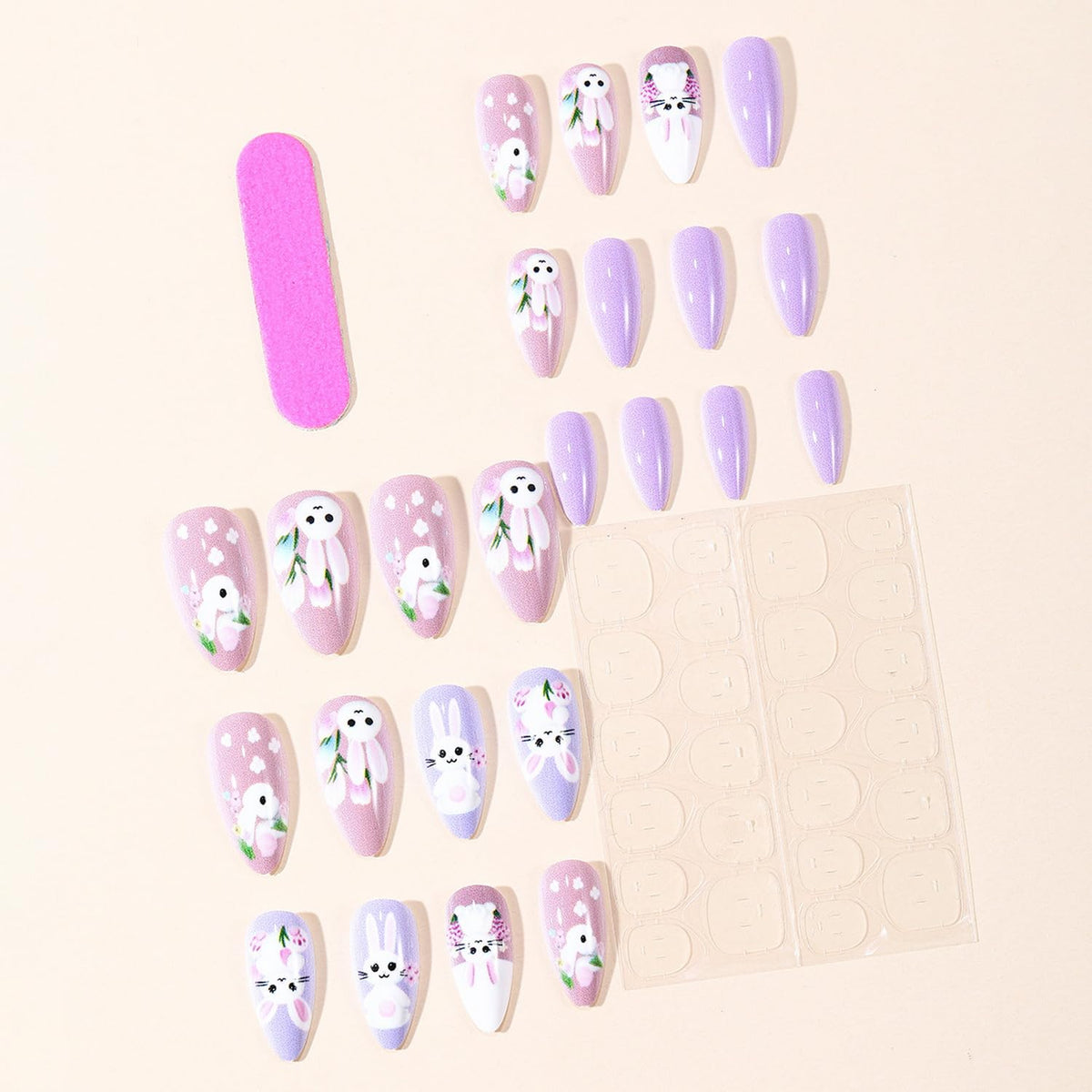 Easter Press on Nail Long Medium Fake Nails Purple Pink with Bunny Flower designs Full Cover Almond Shape Press ones Cute Glue on Nails Glossy Spring Stick on Nail for Women Manicure24pcs