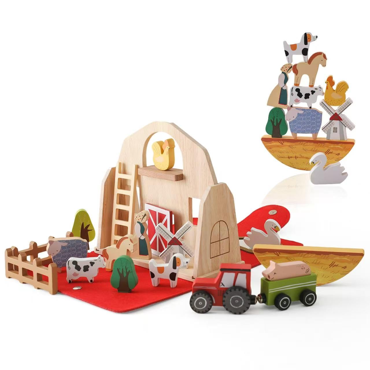 Jieruisha Wooden Barn Toy for Toddlers 1-3, Montessori Traveling Farm with Animal Figures & Car Model, Portable Farm Playset Learning Toy, Christmas Birthday Gift for Baby Boys Girls