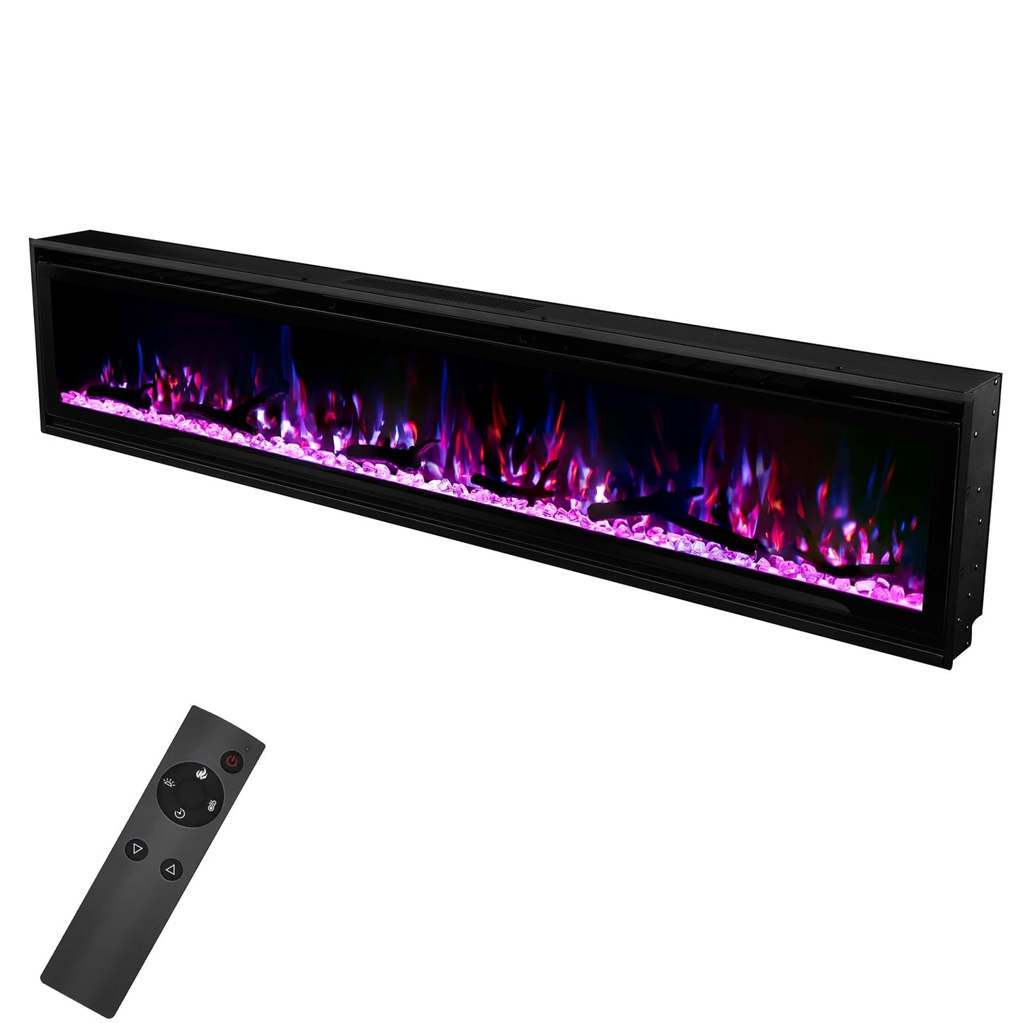 60 Insert Electric Fireplace, Fully Recessed or Wall Mounted, 4 Flame Colors, 4 Brightness Levels, Crystals,Log, Remote Control, 750-1500W.