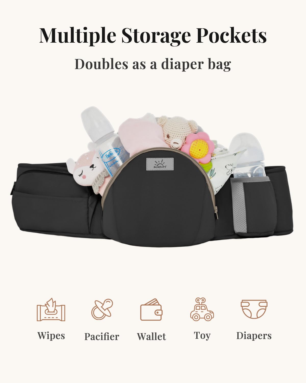 MOMTORY StowNGO Pro Baby Carrier, Safety-Certified 6-in-1 Ultra Storage Baby Carrier Newborn to Toddler, Front & Back Baby Holder Carrier with Hip Seat, Pure Black