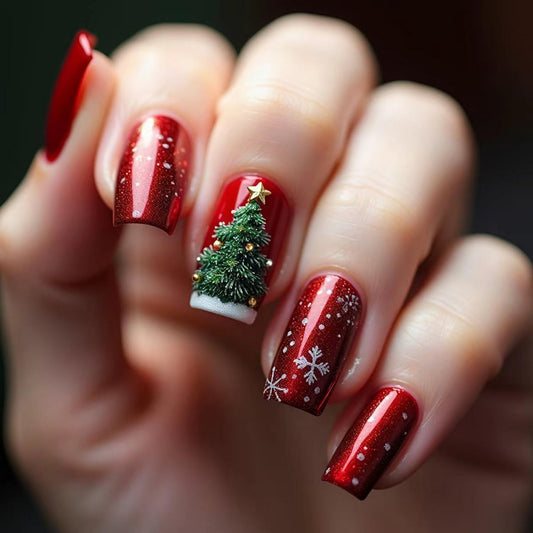 24pcs Christmas Press on Nail Red Fake Nails with Christmas Tree designs Acrylic Press ones Snowflake Stick on Nail Sqaure Glossy Holiday False Nails Reusable Gel Glue on Nails for Women Xmas Deocr聽
