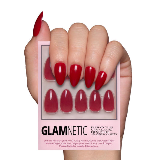 Glamnetic Press On Nails - Classic Red | Opaque Cool Tone, Timeless Red Short Almond Fake Nails, Salon Quality | 15 Sizes - 30 Nail Kit with Glue