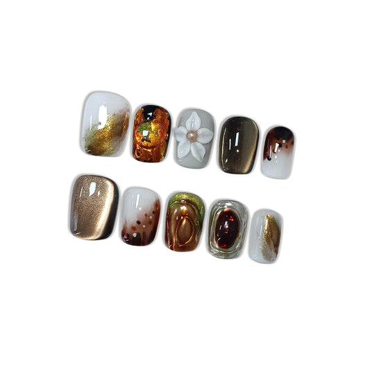 Hantyer Coffee Brown Cat Eye Ombre Press on Nails with Handmade 3D Flowers & Gold Glitter ,Short Square Glossy Vintage Fake Nails, Reusable Elegant False Nails for Women Fall Winter Occasions, Size S