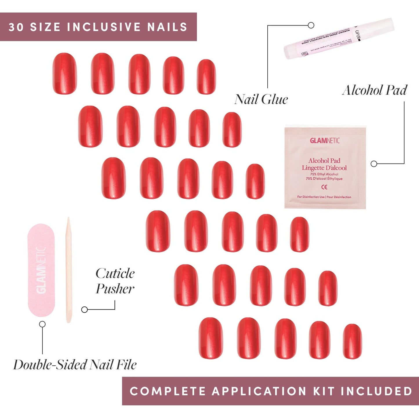 Glamnetic Press-On Nails Bundle - Red Affair & Cherry Glaze | Short Almond Red Glitter French Tip Nails with a Glossy Finish | Short Round Cherry Red Nails with a Glazed Finish | Reusable, Salon-Quali