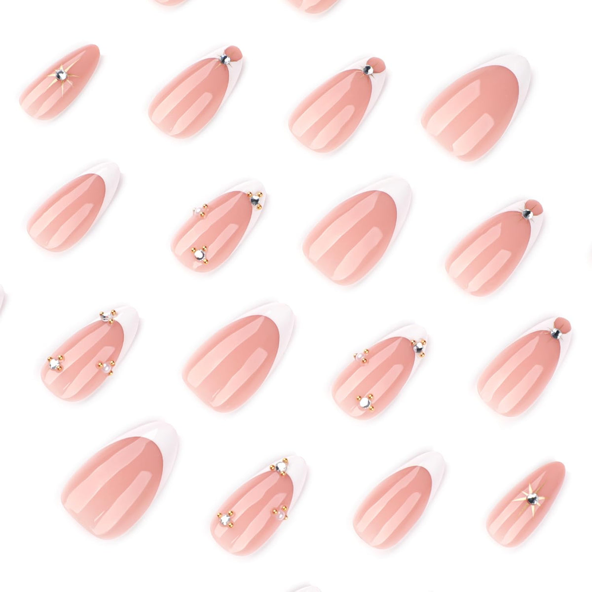 Mivota Luxury Soft Gel Press On Nails Almond French Tip Nude Pink with Gold Rhinestones, Reusable Glue On Fake Nails for Women, Salon Quality Manicure Set