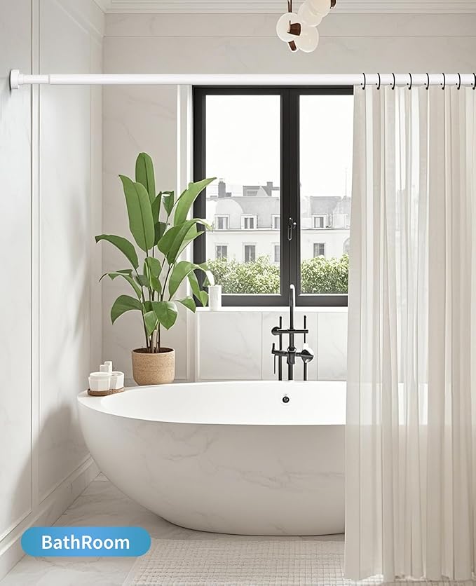 White Shower Curtain Rod 34-96 Inches(2.8-8ft) Adjustable Shower Rod No Drilling Non-slip Never Rust Shower Tension Rod for Bathroom Bedroom Windows Outdoor Garden