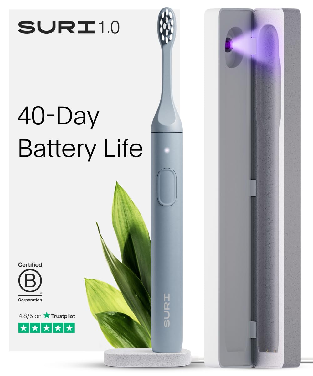 SURI 1.0 Sonic Electric Toothbrush with UV Cleaning Travel Case | 1 Month+ Battery | Designed in California | Electric Toothbrush for Adults | Travel Toothbrushes | Tooth Brush | Blue