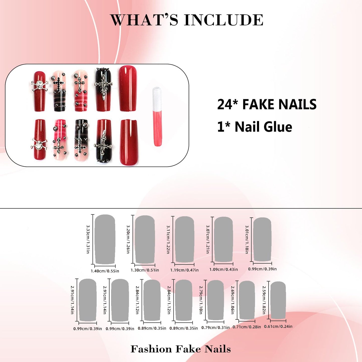 IMRAIN Long Press on Nails Square Red Black Gradient Fake Nails Punk Cross & Rivets Glue on Nails Full Cover Acrylic Stick on False Nails Goth Squoval Nail Manicure for Women Girls