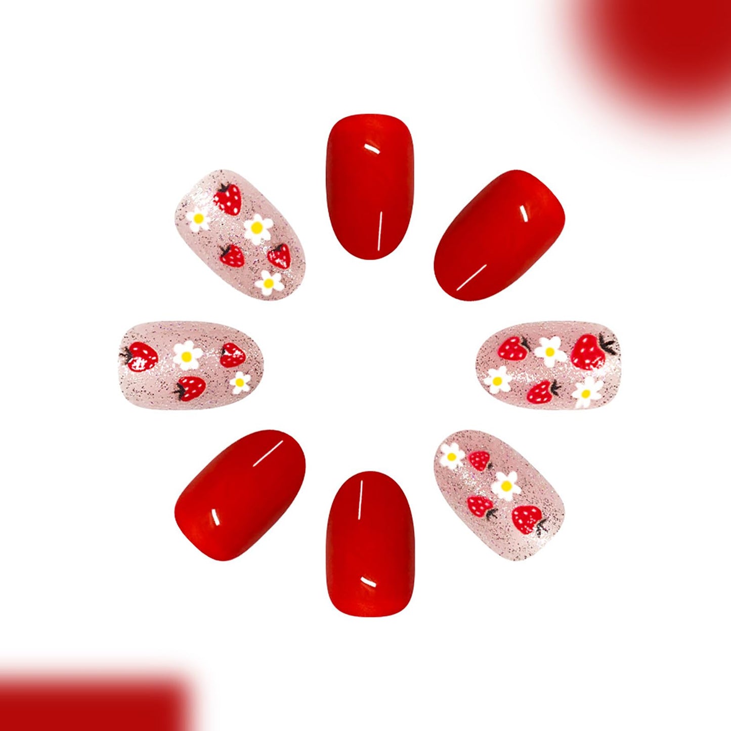 Medium Almond False Nails Red Acrylic Press on Nails Flower Strawberry Glitter Fake Nails Full Cover Stick on Nails for Women Manicure Decoration 24Pcs